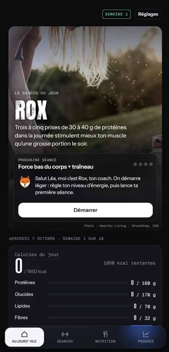 Accueil de Rox avec la prochaine séance et le mot du coach